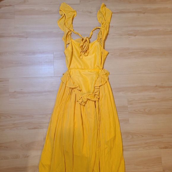 FOREVER 21 Yellow Gold Ruffle Tie-Back Midi Dress Womens Size Large - Picture 3 of 9